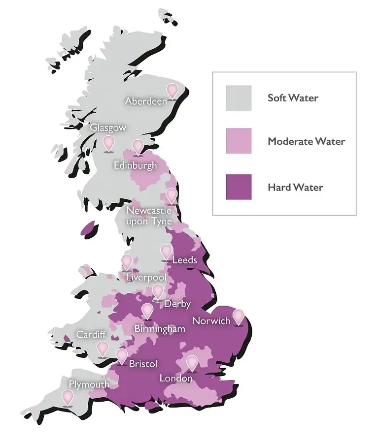 Map of the UK showing hard water danger areas.